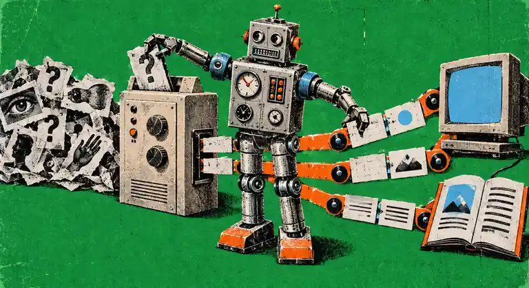 A retro robot routes buyer questions through paper paths to a CRT monitor and adoption guide.