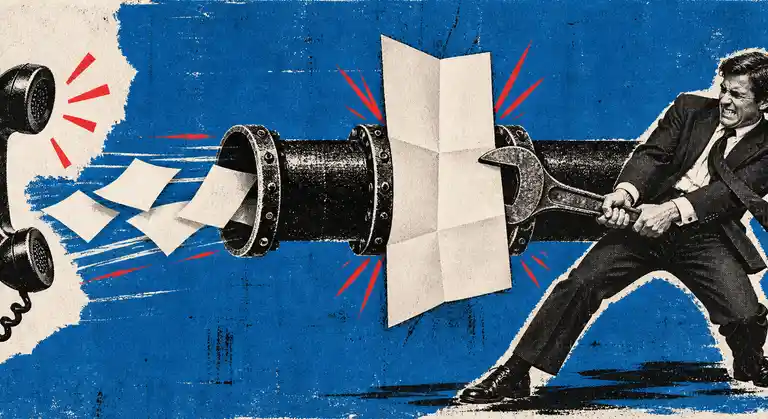 Newspaper-cutout founder uses a wrench to pull a blank paper menu from a black pipeline while paper sheets move toward corded handsets.