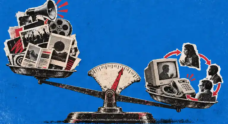 A vintage balance scale tips toward a CRT monitor, corded telephone, and buyer feedback loop over a pile of campaign artifacts.
