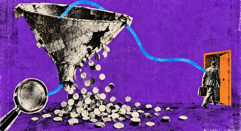 A distressed paper funnel spills anonymous leads while a blue search-intent path leads one buyer to a conversation.