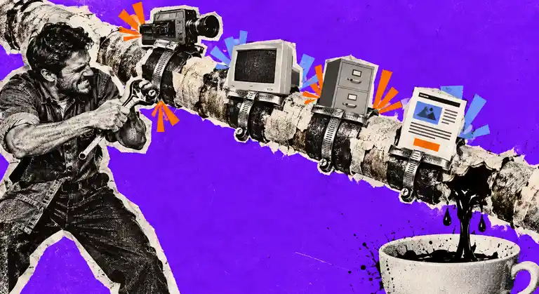 Newspaper-cutout founder repairing a leaking pipeline with analog marketing tools, representing choosing an agency for the actual B2B growth bottleneck