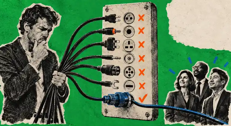 Newspaper-cutout founder selects one cable from an analog switchboard that connects to B2B buyers