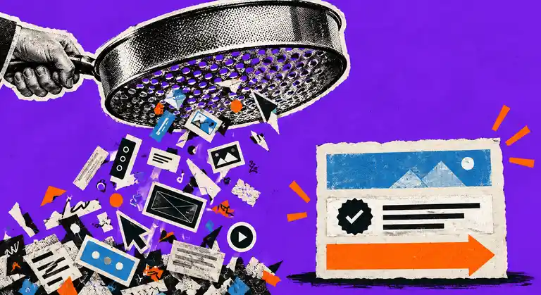 Risograph collage of a sieve filtering clutter away from a focused landing page