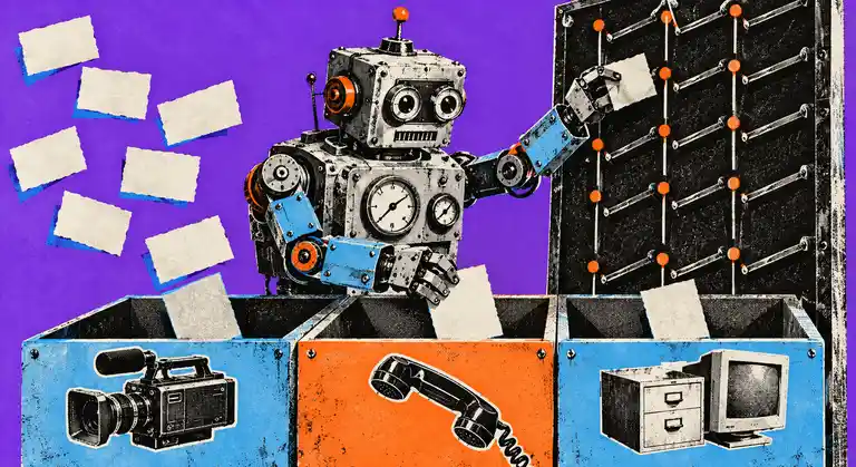 Retro robot sorting blank cards through an analog routing board for B2B marketing agency selection