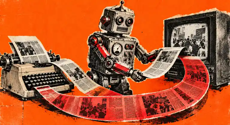 Risograph collage of a retro robot moving a paper article from a typewriter to a CRT monitor in a continuous red loop.