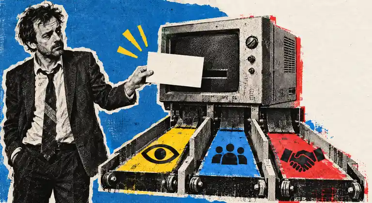 Newspaper-cutout founder sends an ad card through a vintage CRT testing machine with three evidence lanes.