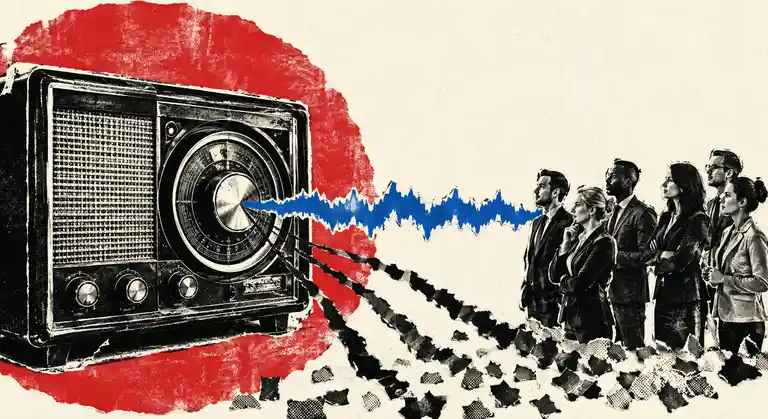 Vintage radio sends one tuned blue signal toward a group of business people while missed signals fall away