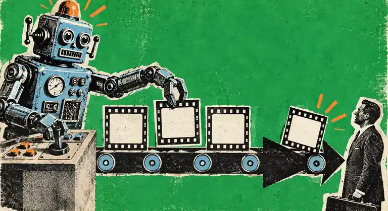 Risograph collage of a retro robot sorting blank film frames on a conveyor toward a business buyer.