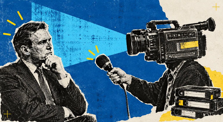 Newspaper-cutout B2B buyer faces a vintage VHS camera and founder microphone, showing how a useful point of view earns recognition before a sales conversation.