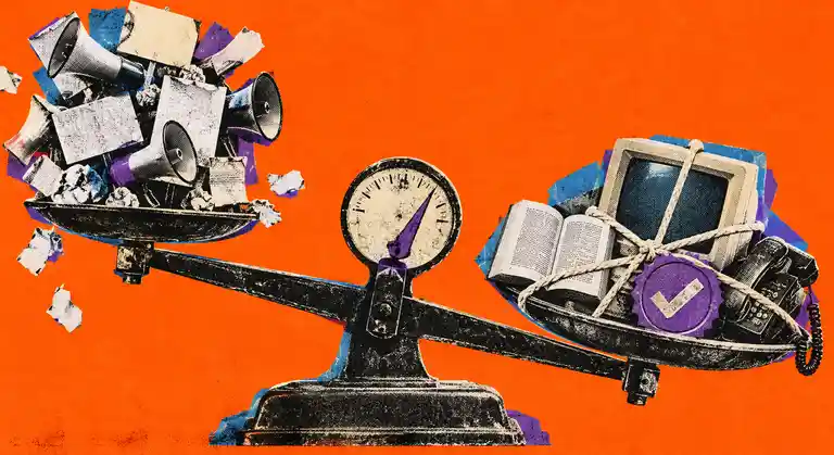 Vintage balance scale weighing a connected book, CRT, telephone, and proof seal against scattered megaphones and placards