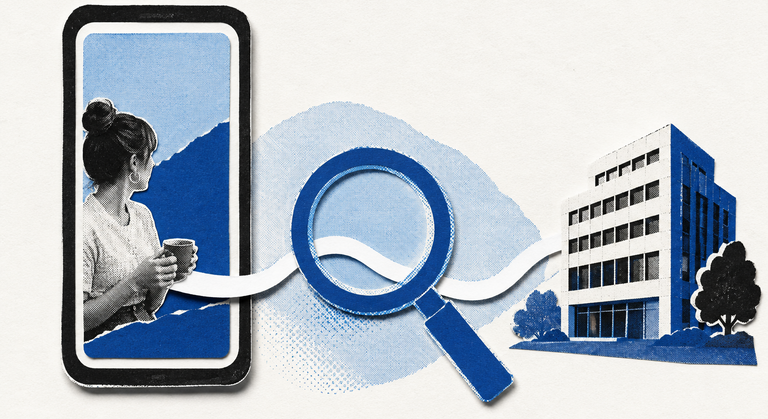 Blue risograph collage of a video viewer, magnifying glass, and office building connected by a path
