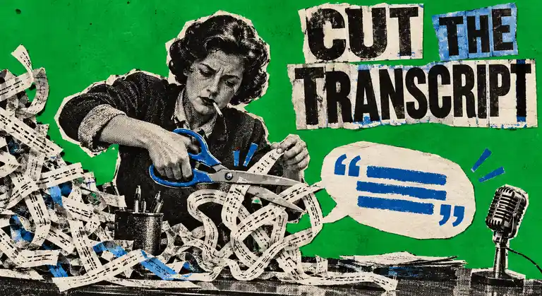 A newspaper-cutout editor cuts a tangled interview transcript into a clear speech bubble beside a vintage microphone.