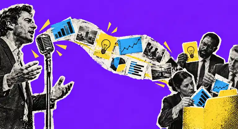 A newspaper-cutout founder speaks into a vintage microphone while a B2B buying group files evidence cards into a yellow decision folder.
