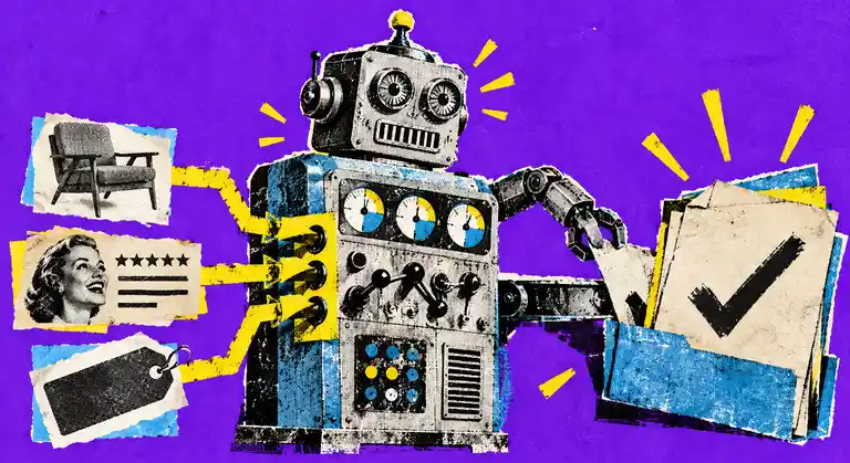 A retro robot sorts product, customer, and pricing evidence through a switchboard into an open decision dossier with a check mark.