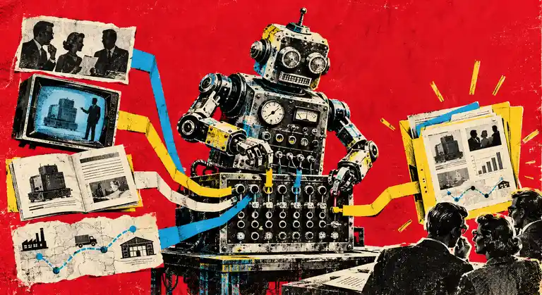 A retro robot routes scattered evidence through a switchboard into a decision folder beside a B2B buying group.
