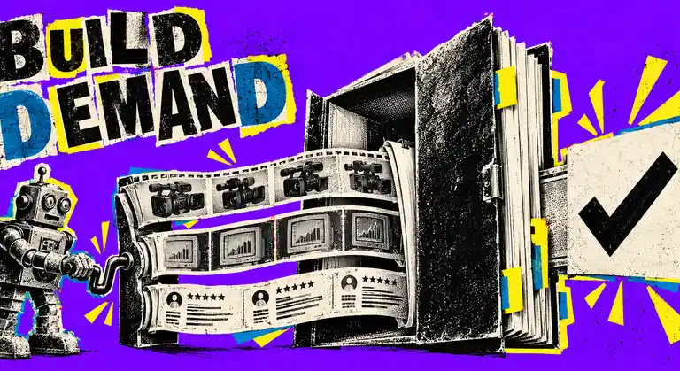 A retro robot cranks video, research, and review evidence into an open dossier that ends in a check-mark decision card, under the words Build Demand.