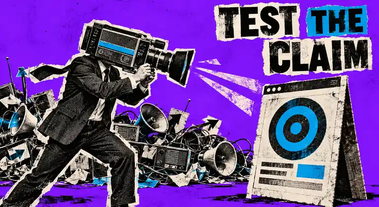Risograph collage of a suited figure with a VHS camera for a head aiming at a target on a landing-page placard beside the headline Test the Claim.