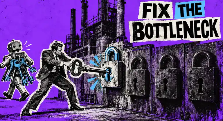 Newspaper-cutout buyer uses a large key to open one padlock while a retro robot carries other keys, representing choosing a SaaS marketing agency for the actual bottleneck.