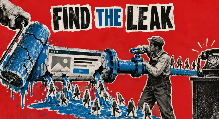 A newspaper-cutout technician turns a valve beside a leaking landing-page-shaped pipe while a paint roller covers cracks and visitors walk toward a corded telephone.