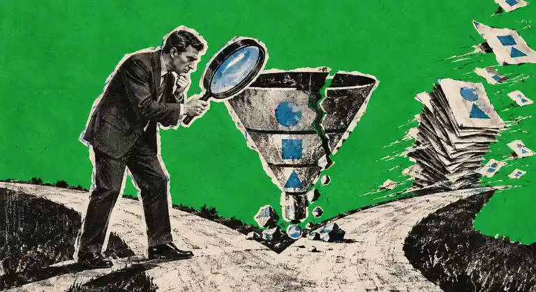 Newspaper-cutout founder uses a magnifying glass to inspect a broken marketing funnel while stacks of service menus blow away.