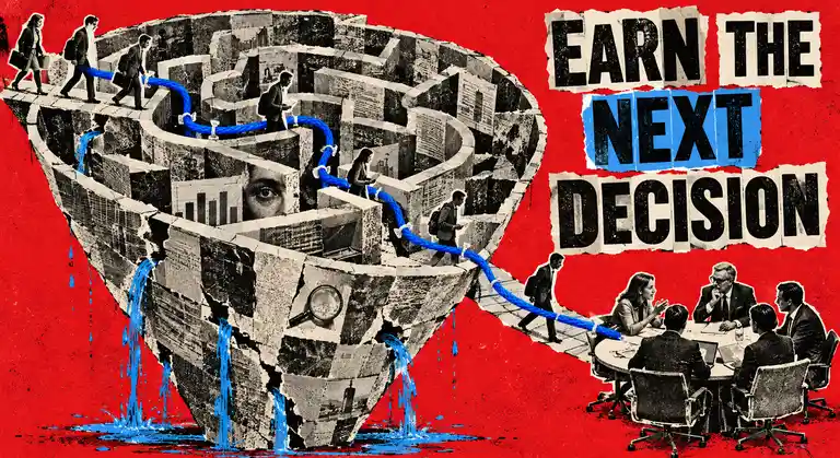 A paper funnel maze guides buyers along a blue thread to a decision meeting, with the headline Earn the Next Decision.