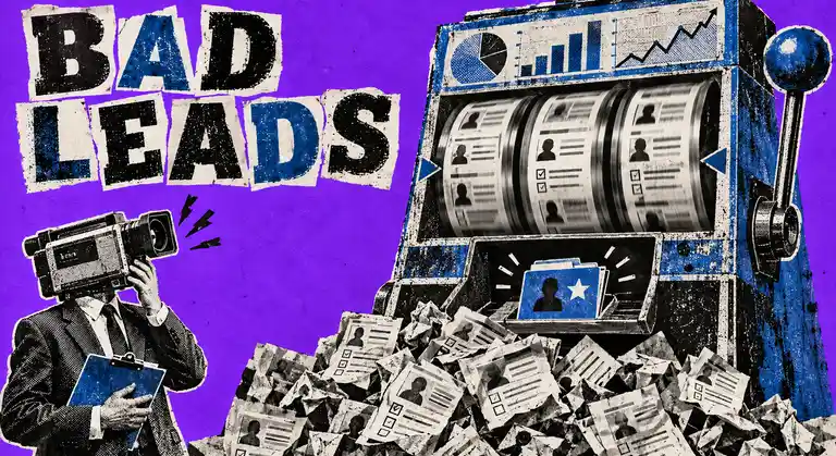 Cut-paper risograph collage of a camera-headed businessperson watching a dashboard-like slot machine spill bad lead forms while one qualified opportunity folder remains.