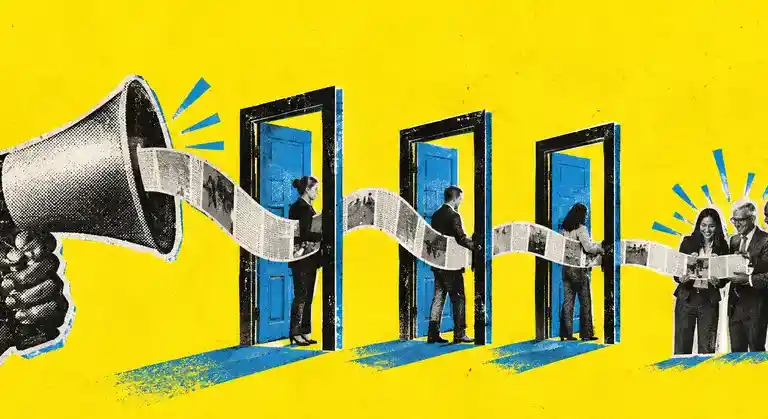 A risograph-style megaphone sends one paper ribbon through office doors to a B2B buying group, showing a message surviving internal handoffs.