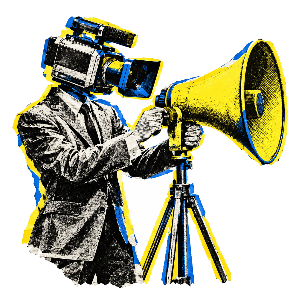Newspaper-cutout figure with a VHS-camera head adjusting a yellow and blue megaphone on a stand.