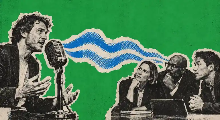 Collage of a founder speaking into a vintage microphone while three buyers listen across a blue paper sound ribbon