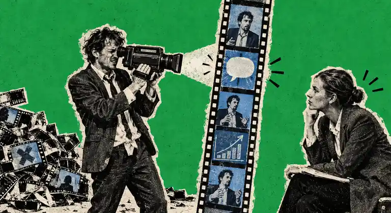 Newspaper-cutout founder films a vertical video toward a listening business buyer while unused clips pile up beside him.