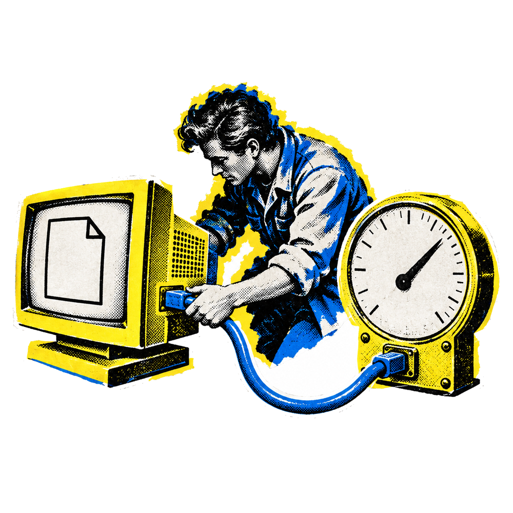 Newspaper-cutout technician connecting a desktop CRT monitor to an analog gauge with a blue cable.