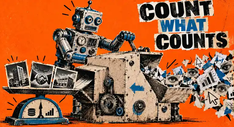 Retro robot sorting click and chart scraps through an analog machine while opportunity cards move toward a scale, with the headline Count What Counts.