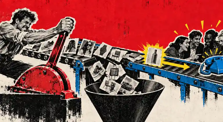 Risograph collage of a founder pulling a brake to stop weak paper ads from falling into a funnel while a separate ad reaches buyers beside a corded telephone.