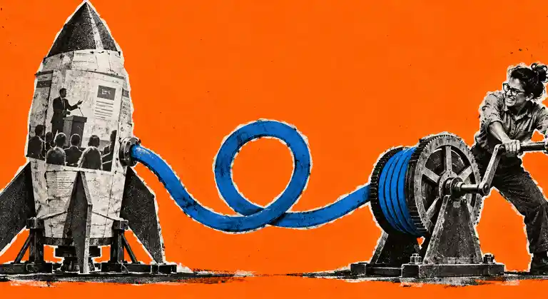 Risograph collage of a grounded paper rocket tethered by a looping blue cable to a B2B operator turning an analog crank.