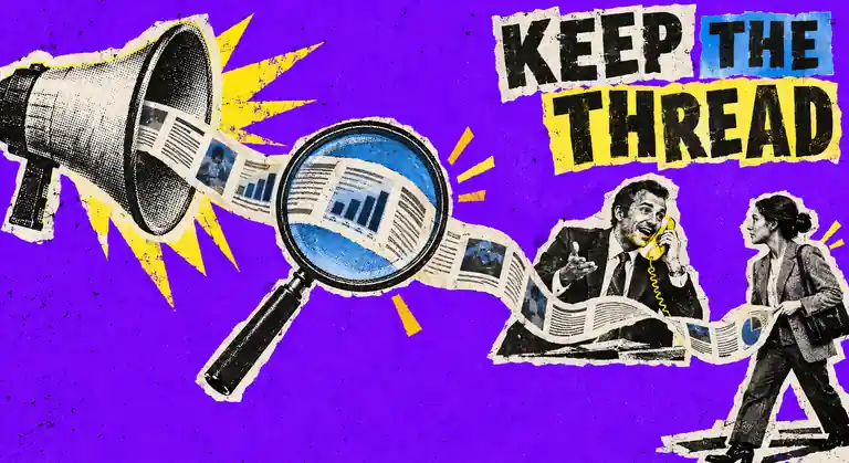 Risograph collage of a megaphone sending one paper ribbon through a magnifying glass to a salesperson on a corded telephone and a B2B buyer.