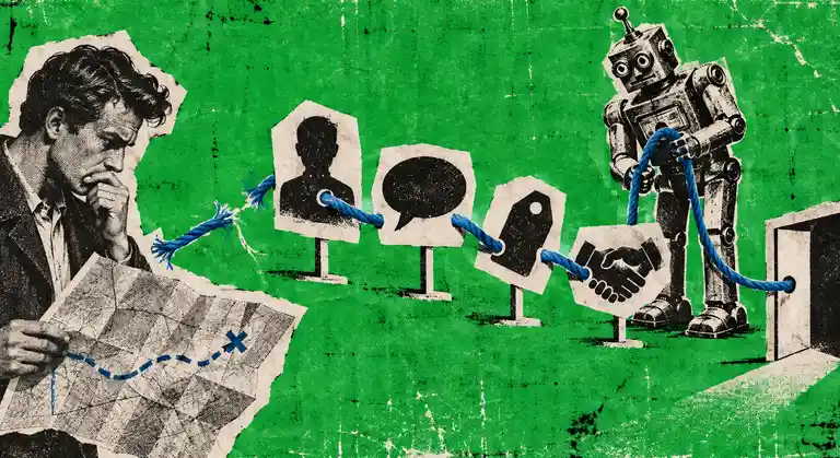 A newspaper-cutout founder and retro robot route a blue thread through buyer, message, price, and proof toward an open door.