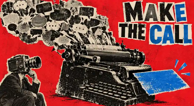 Cut-paper risograph collage of a camera-headed founder watching a manual typewriter turn many speech bubbles into one blue decision card beneath the words MAKE THE CALL.