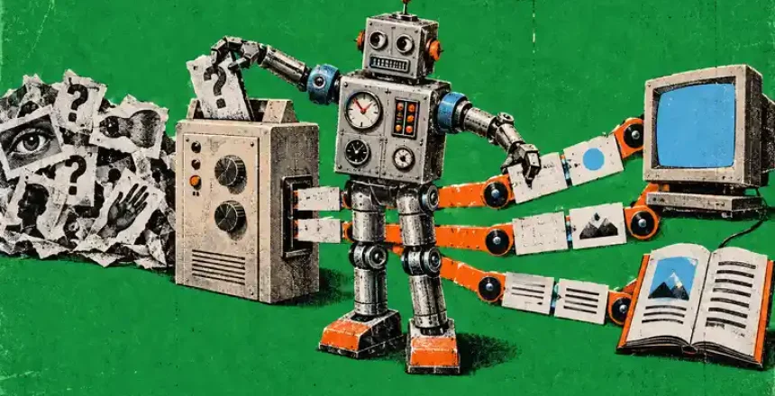 A retro robot routes buyer questions through paper paths to a CRT monitor and adoption guide.