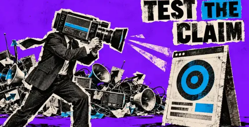 Risograph collage of a suited figure with a VHS camera for a head aiming at a target on a landing-page placard beside the headline Test the Claim.