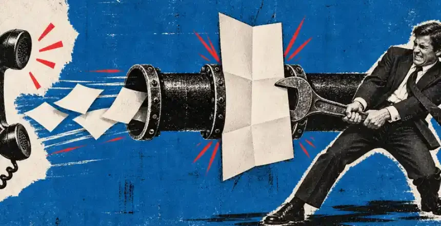 Newspaper-cutout founder uses a wrench to pull a blank paper menu from a black pipeline while paper sheets move toward corded handsets.