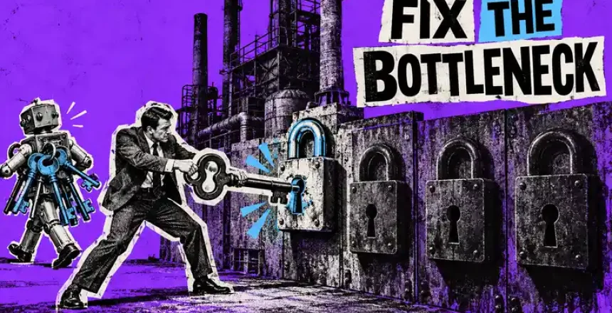 Newspaper-cutout buyer uses a large key to open one padlock while a retro robot carries other keys, representing choosing a SaaS marketing agency for the actual bottleneck.