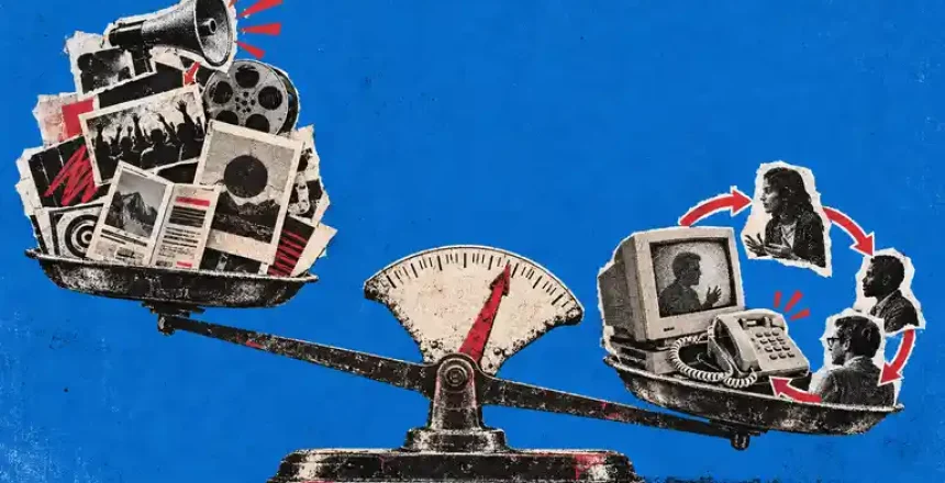 A vintage balance scale tips toward a CRT monitor, corded telephone, and buyer feedback loop over a pile of campaign artifacts.