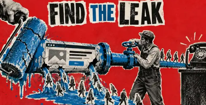 A newspaper-cutout technician turns a valve beside a leaking landing-page-shaped pipe while a paint roller covers cracks and visitors walk toward a corded telephone.