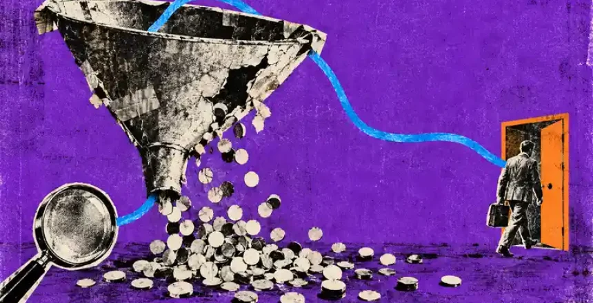 A distressed paper funnel spills anonymous leads while a blue search-intent path leads one buyer to a conversation.