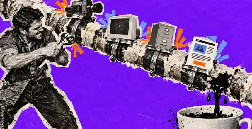 Newspaper-cutout founder repairing a leaking pipeline with analog marketing tools, representing choosing an agency for the actual B2B growth bottleneck