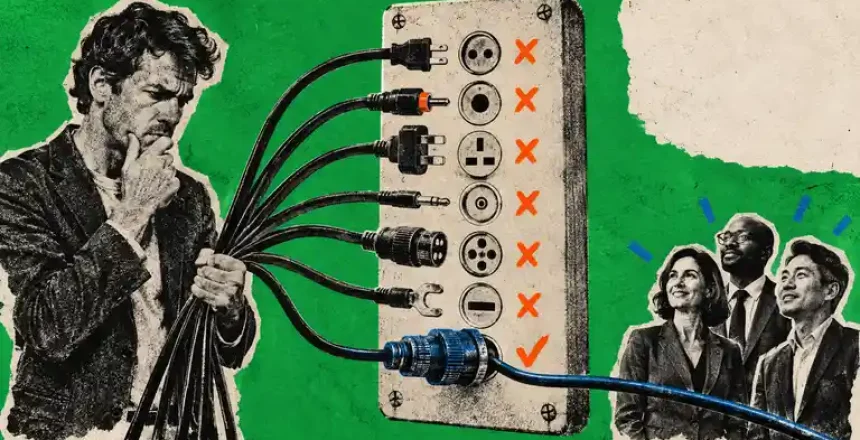 Newspaper-cutout founder selects one cable from an analog switchboard that connects to B2B buyers