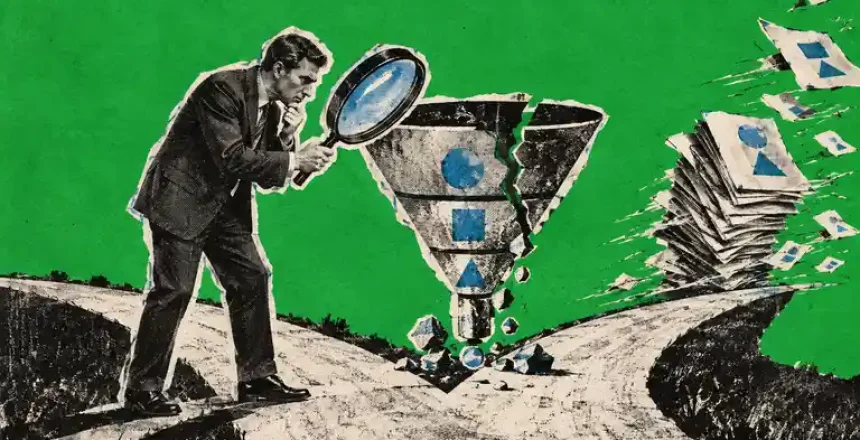Newspaper-cutout founder uses a magnifying glass to inspect a broken marketing funnel while stacks of service menus blow away.