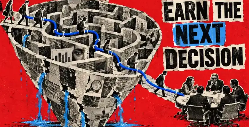 A paper funnel maze guides buyers along a blue thread to a decision meeting, with the headline Earn the Next Decision.
