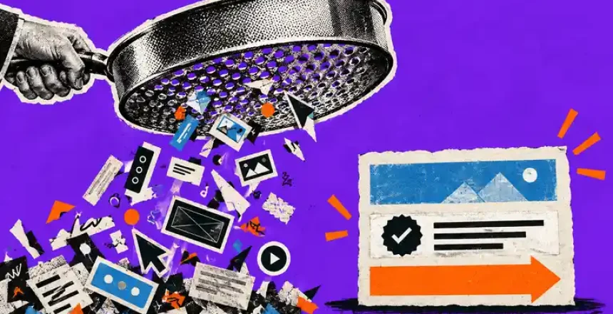 Risograph collage of a sieve filtering clutter away from a focused landing page