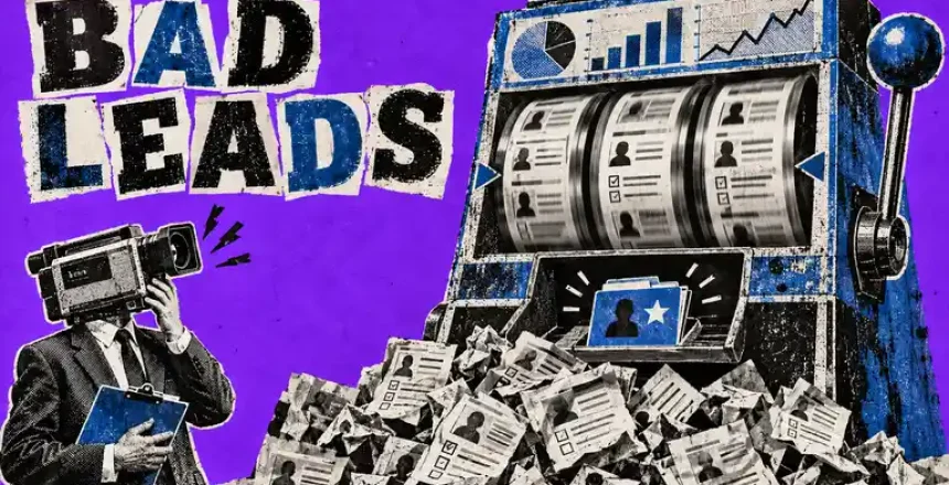 Cut-paper risograph collage of a camera-headed businessperson watching a dashboard-like slot machine spill bad lead forms while one qualified opportunity folder remains.